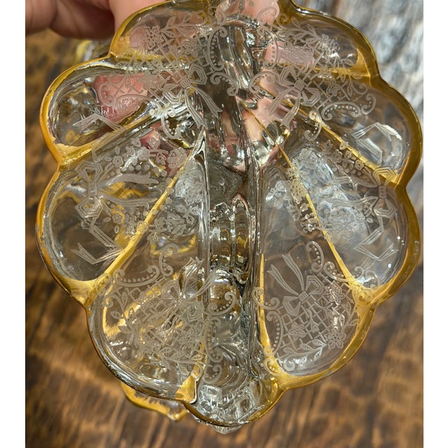Gold 1930s Cambridge Glass Valencia Etched & Gilt 3-Light Candelabra – Pair For Sale - Image 8 of 17