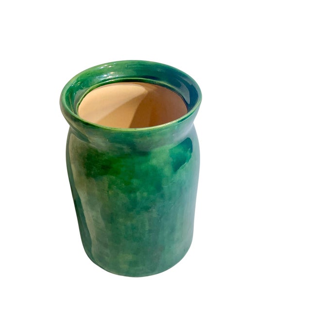 Vintage Green Hand Made Folk Art Glazed Terracotta Olive Jar For Sale - Image 6 of 9