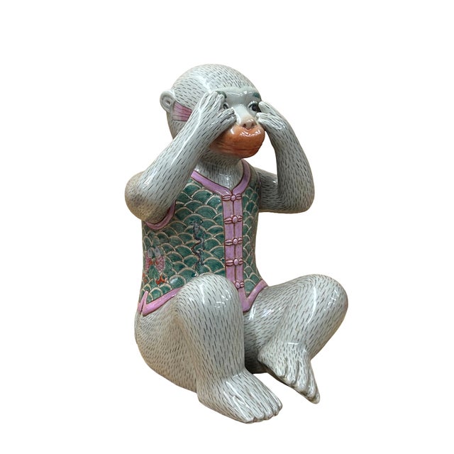 Set 3 Vintage Gray Green Dress No Evils Ceramic Art Monkey Figures For Sale - Image 4 of 14