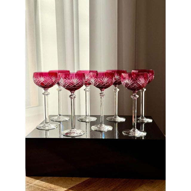 Ruby Cut-to-Clear Crystal Cordial Glasses attributed to Val Saint Lambert, 1950, Set of 8 For Sale - Image 15 of 18