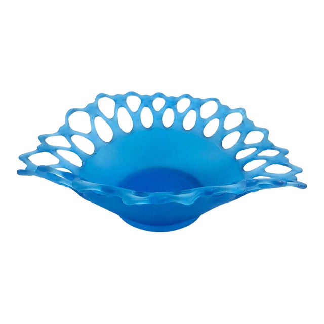 Vintage Westmoreland Doric Lace Blue Satin Glass Oval Centerpiece Bowl For Sale