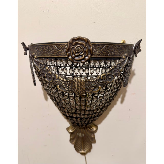 Hollywood Regency Hollywood Regency Brass and Crystal Sconces, Usa, 1990s For Sale - Image 3 of 13