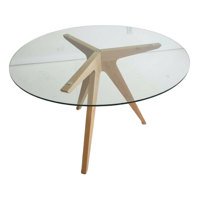 Custom-Made Round Glass Top Kitchen Table With Starburst Sculptural Wood Base (42") For Sale