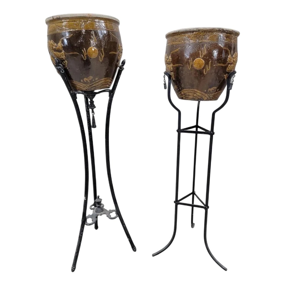 Vintage Iron Floor Plant Stand With Chinese Brown Glazed Ceramic Dragon ...