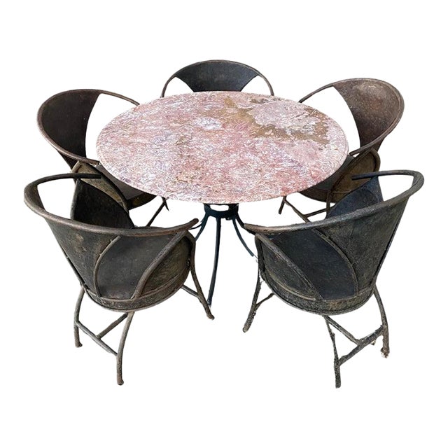 Marble + Iron Cleo Baldon-Style Dining Table + 5 French Bistro Chairs For Sale