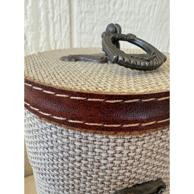 Late 20th Century Rustic Wine Bottle Case With Woven Fabric & Brown Stitched Trim, Cylindrical Wine Gift Box, Metal Ring Handle For Sale - Image 4 of 11