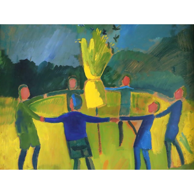 Mid-Century Modern 'Circle of Light' Vintage Original Figurative Landscape Oil Painting, Framed For Sale - Image 11 of 13