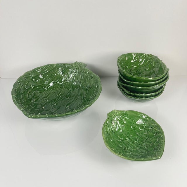 Ceramic Vintage Green Artichoke Leaf Salad Bowls, 1970s, Set of 7 For Sale - Image 7 of 18