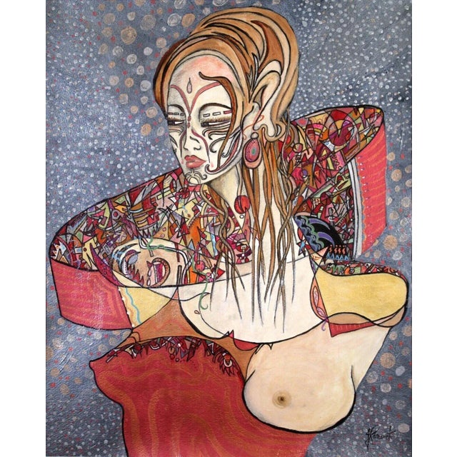 J Renwick Signed Acrylic Painting on Canvas Art Nouveau Female Figure Framed For Sale - Image 4 of 12