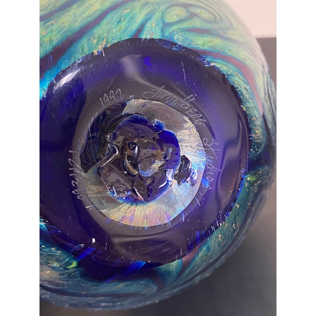 Signed Lundberg Studios Iridescent Art Glass Vase For Sale - Image 10 of 10