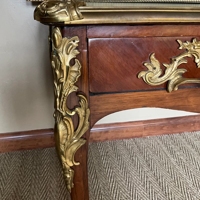 Brown Desk Mounted Bureau Plat. French, Louis XV Revival Style,green Leather Surface With Gold Tooling For Sale - Image 8 of 11