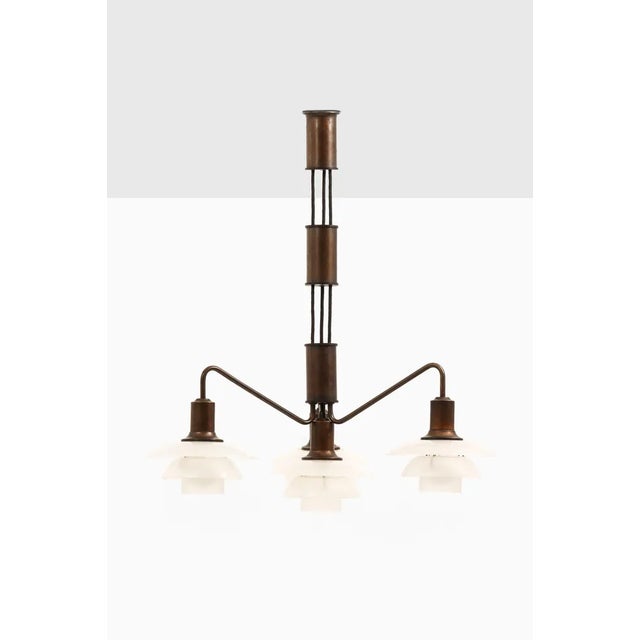 Ceiling Lamp with Brown Brass Frame and Glass Shades attributed to Poul Henningsen, 1930s For Sale - Image 3 of 8