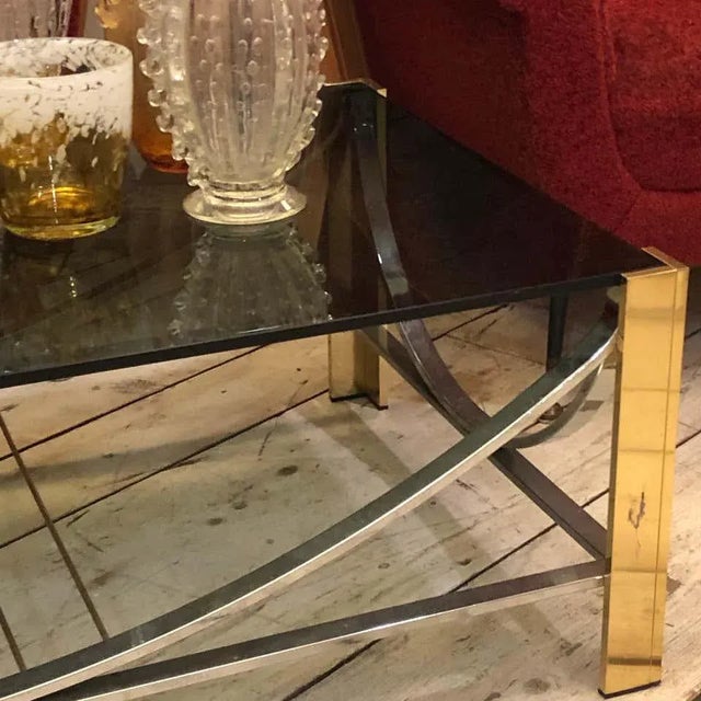 Romeo Rega 1970s Italian Mid-Century Modern Brass, Steel and Smoked Glass Coffee Table For Sale - Image 4 of 12