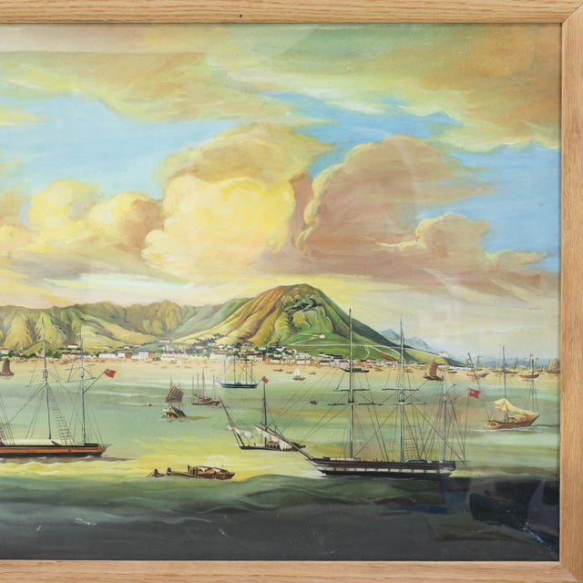 Vintage Maritime Harbor Painting Framed Coastal Seascape With Masted Sailing Ships For Sale - Image 4 of 10