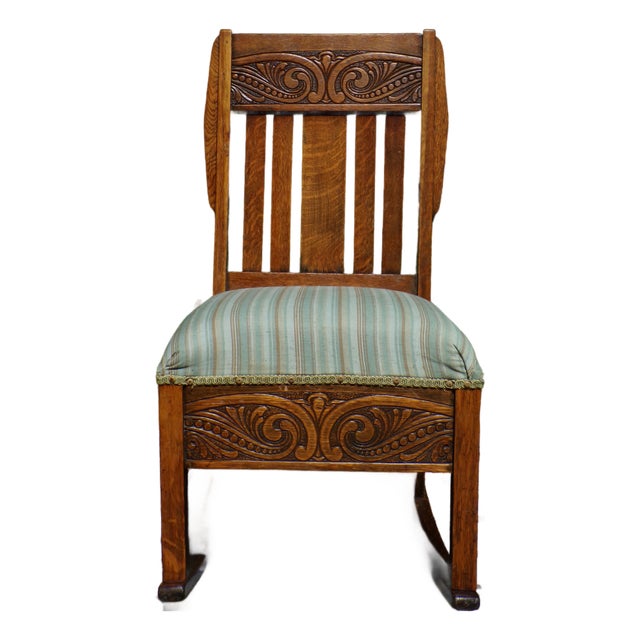 Antique Arts & Crafts Art Nouveau Mission Solid Oak Rocker Rocking Chair For Sale