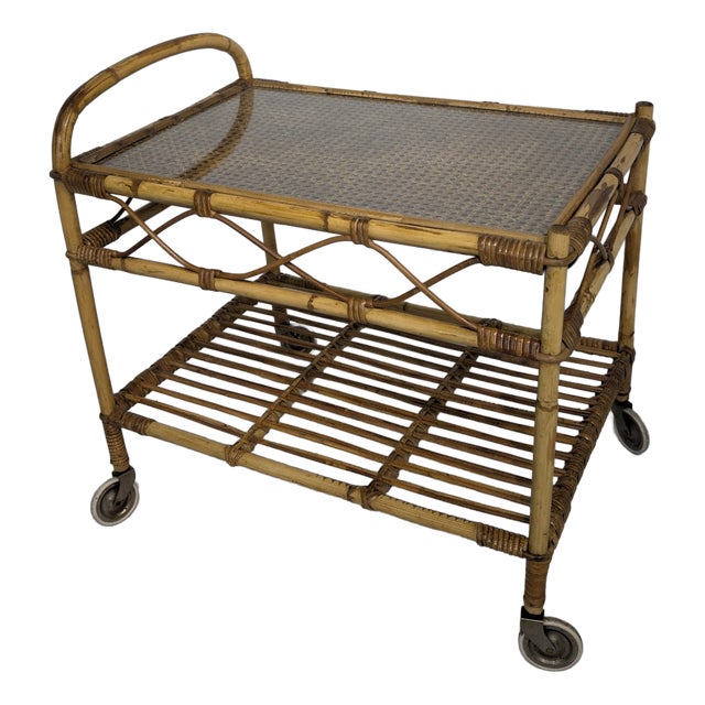 Scandinavian Rattan, Raffia and Glass Serving Cart, 1960s For Sale
