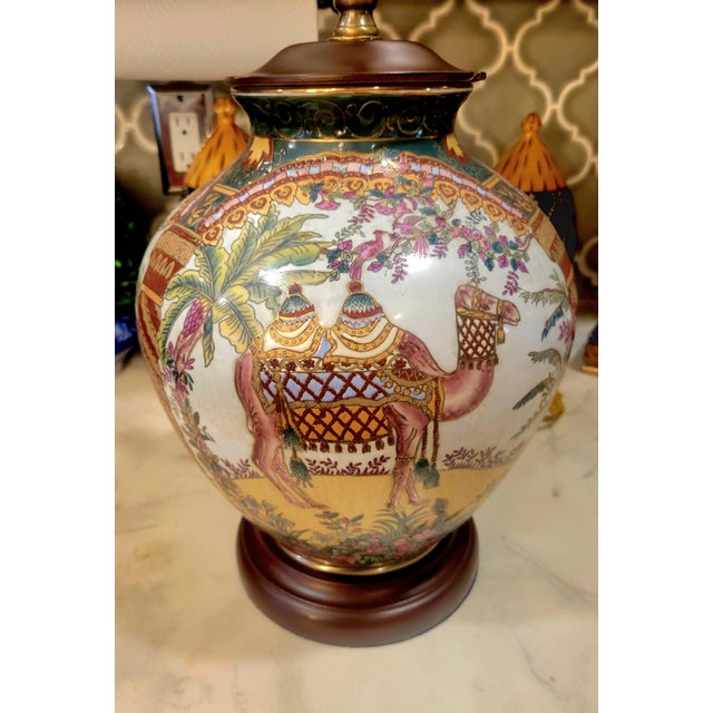 Vintage Chinoiserie Colorful Ceramic Camel Ginger Jar Palm Beach Regency Leopard Shade Table Lamp For Sale In West Palm - Image 6 of 11
