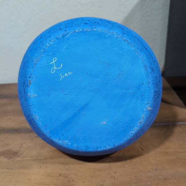 Metal VTG Native American Style Wedding Vase Blue Gold Trim Signed L Jina Southwestern For Sale - Image 7 of 12