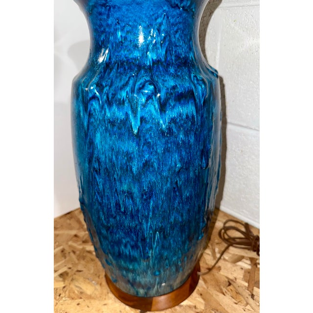 1970s Grand Drip Glaze Cobalt Blue Studio Pottery Ceramic Turned Pottery Lamp For Sale - Image 6 of 10
