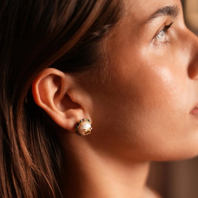 Jade Halo Pearl & Gold Butterfly Stud Earrings, A Pair For Sale In Miami - Image 6 of 7