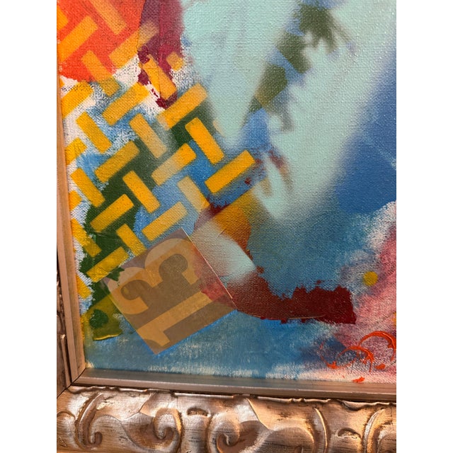 Early 21st Century Large Vibrant Abstract Mixed Media Painting on Canvas Ornate Silver Frame Statement Art For Sale - Image 5 of 12