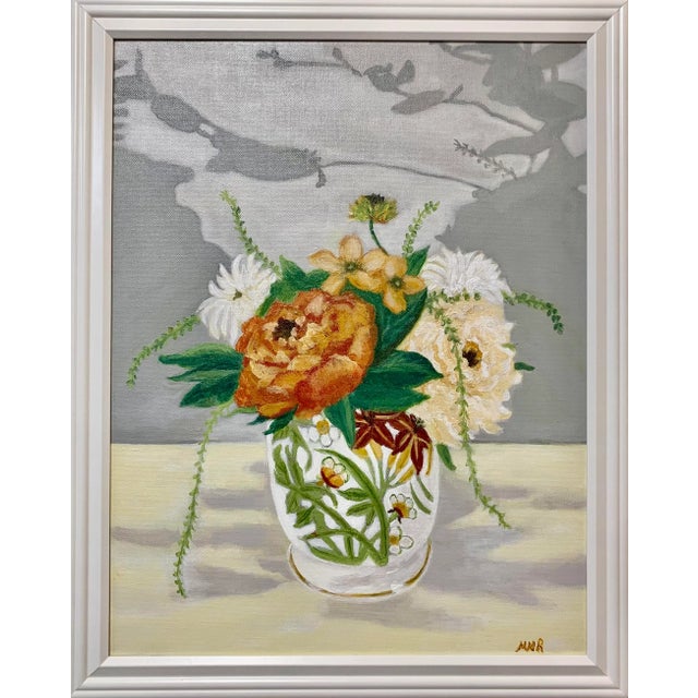 Textile "Porcelain Compote" Contemporary Still Life Acrylic Painting, Framed For Sale - Image 7 of 7