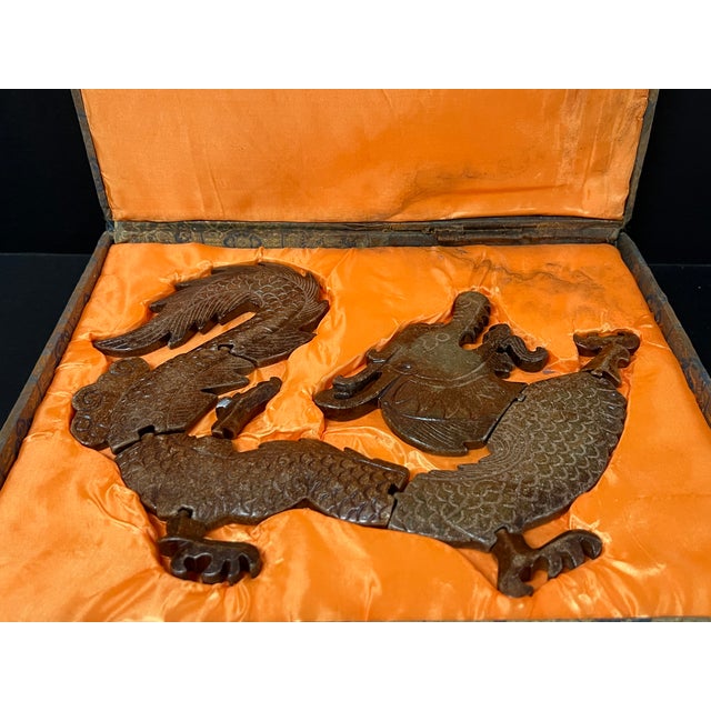 Textile Late 20th Century Chinese Art Carved Archaic Style Puzzled Jade Plaque Dragon Sculpture Display Silk Case For Sale - Image 7 of 7
