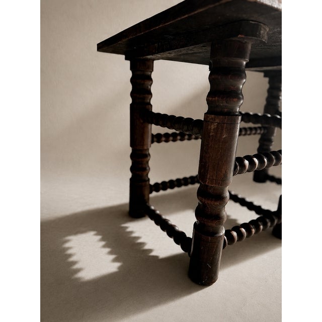Brown Antique Six-Legged Oak Console Table with Bobbin-Turned Legs and Stretchers attributed to Charles Dudouyt, 1940s For Sale - Image 8 of 11