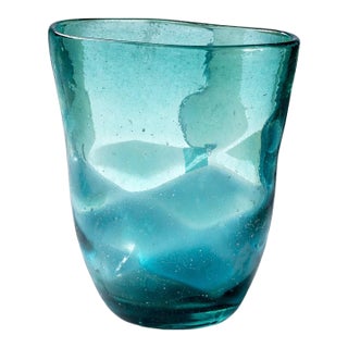 Late 20th Century Hand-Blown Blue-Green Art Glass Vase – Organic Wavy Form Aqua Decorative Vessel For Sale