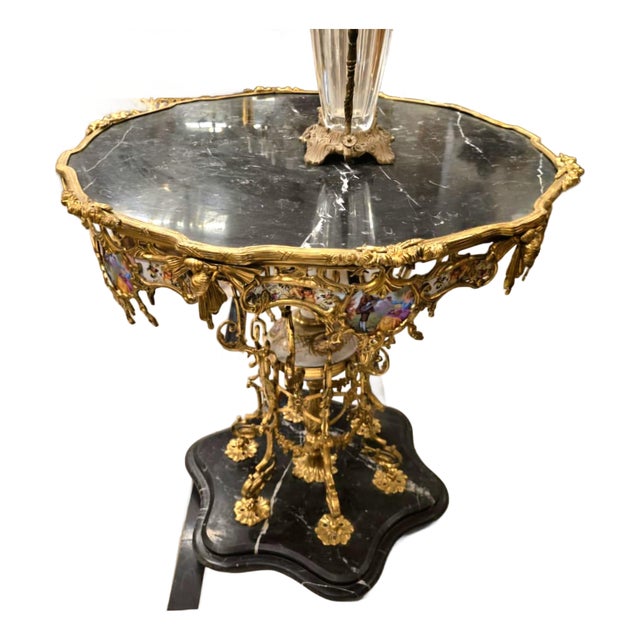 Monumental French Baroque Coffee Table With Glass Top, Marble Base & Gold Leaf Details For Sale