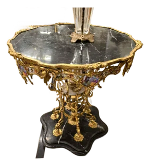 Monumental French Baroque Coffee Table With Glass Top, Marble Base & Gold Leaf Details