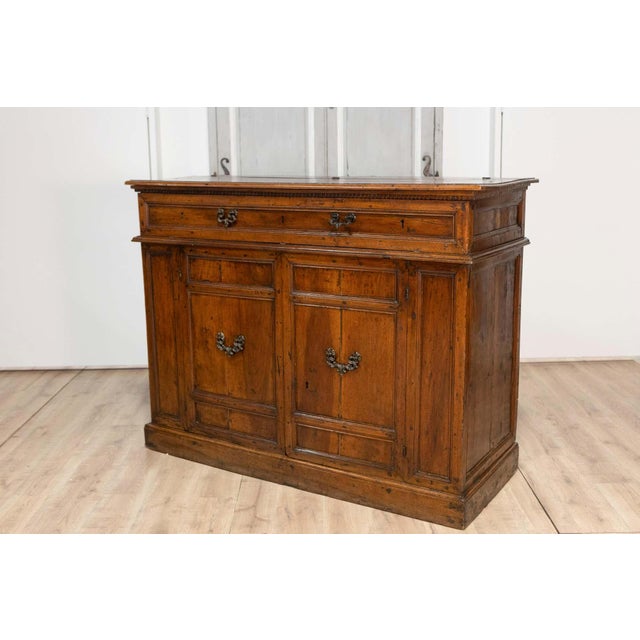 Brown Italian 17th Century Walnut Buffet with Drop Front, Hidden Drawers and Two Doors For Sale - Image 8 of 14