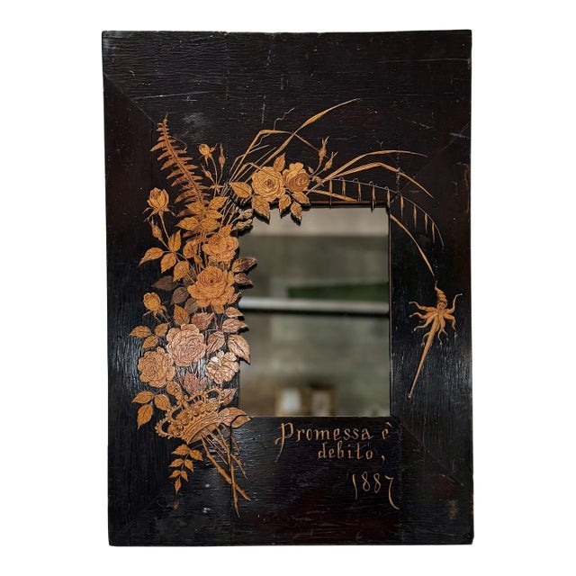 Antique Italian Marquetry Mirror “Promessa È Debito” Dated 1887 Hand Inlaid Floral & Figural Design For Sale