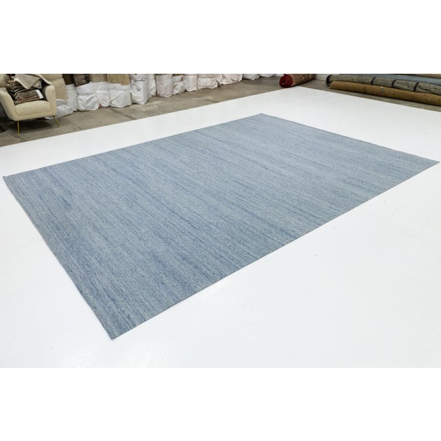Contemporary Scandinavian Style Solid Blue Flat Weave Rug - Minimalist & Reversible Design For Sale - Image 3 of 11