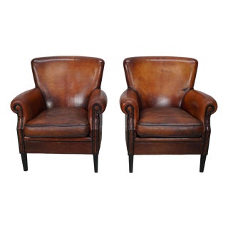 Vintage Dutch Cognac-Colored Leather Club Chairs, Set of 2 For Sale