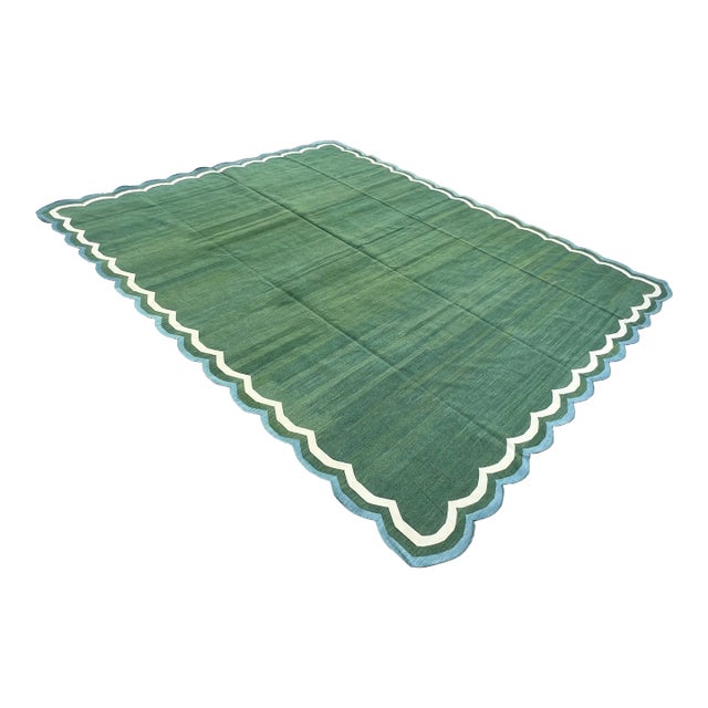 Handmade Cotton Reversible Scalloped Edge Rug Forest Green With Cream and Teal Blue Border - 10'x16' For Sale