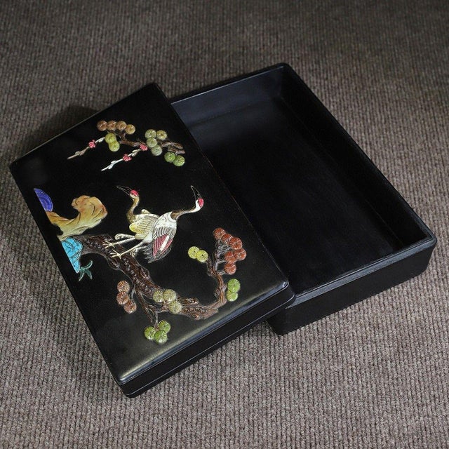 Black Vintage Chinese Rosewood Box | Mother-of-Pearl & Gemstone Inlaid Crane & Pine Motif For Sale - Image 8 of 9