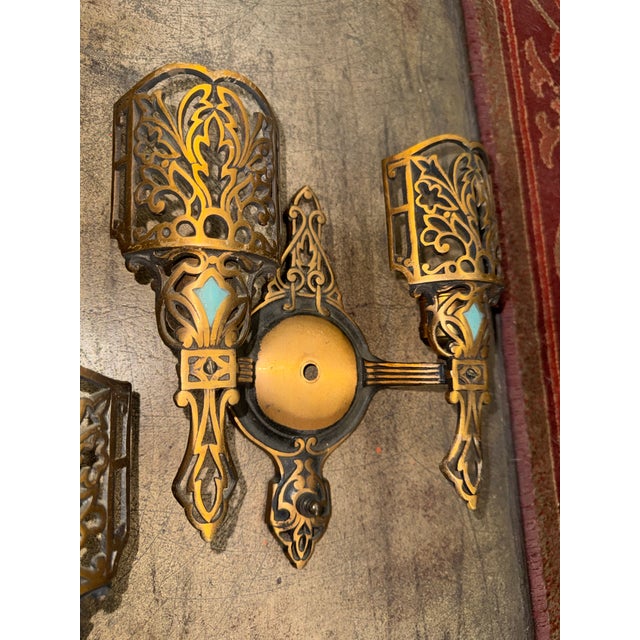 Printmaking Materials 1920s Art Deco Polychrome Sconces With Robin’s Egg Blue Accents and Slip Shades - Set of 3 For Sale - Image 7 of 12