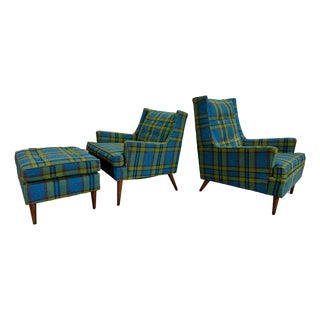 1950s 3pc Mid Century Modern Plaid Lounge Chair and Ottoman Set For Sale