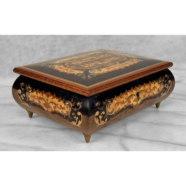 Rococo Vintage Italian Rococo Inlaid Fruitwood Jewelry Music Box For Sale - Image 3 of 11