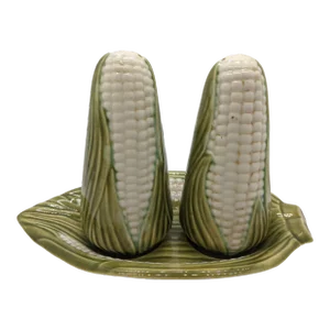 Mid 20th Century Corn Salt & Pepper Shakers With Tray- 3 Pieces