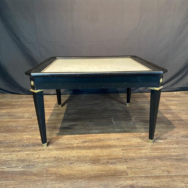 French Neoclassical Carrara Marble Top Ebonized Black Coffee Table For Sale - Image 4 of 10