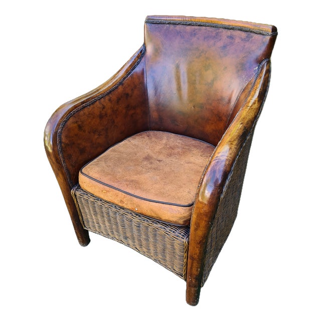 Safari Style Leather Club Chair with Wooden Frame and Woven Sides, 1970s For Sale