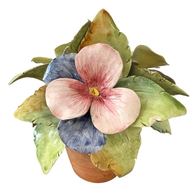 Ceramic pansies potted in a terracotta pot. Sweet sculpture made in Italy for Bergdorf Goodman.