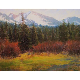 Meadow in the Rockies by Lorenzo Chavez | Pastel Landscape of mountains and forested meadow For Sale