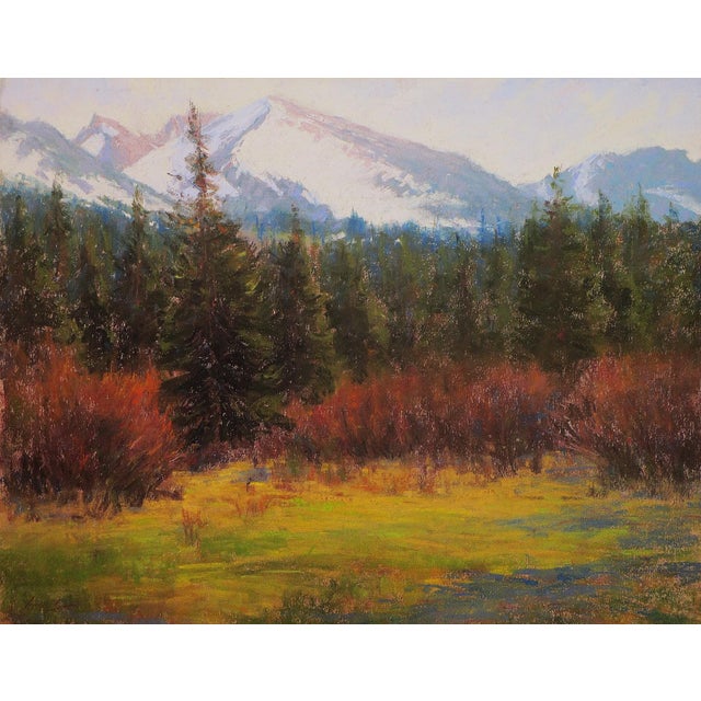 Meadow in the Rockies by Lorenzo Chavez | Pastel Landscape of mountains and forested meadow For Sale
