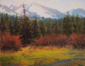 Meadow in the Rockies by Lorenzo Chavez | Pastel Landscape of mountains and forested meadow