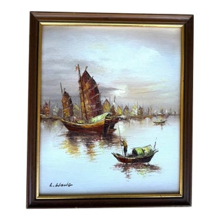Vintage Asian Seascape Oil Chinese Junk Boats & Harbor Framed Original - Signed L Wong For Sale