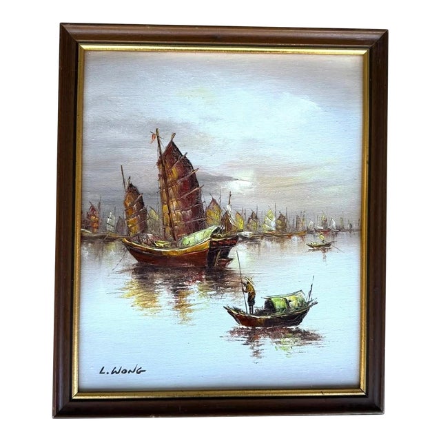 Vintage Asian Seascape Oil Chinese Junk Boats & Harbor Framed Original - Signed L Wong For Sale