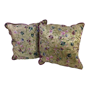Square Pillows With a Purple and Pink Embroidered Floral Print, Made in U K- a Pair